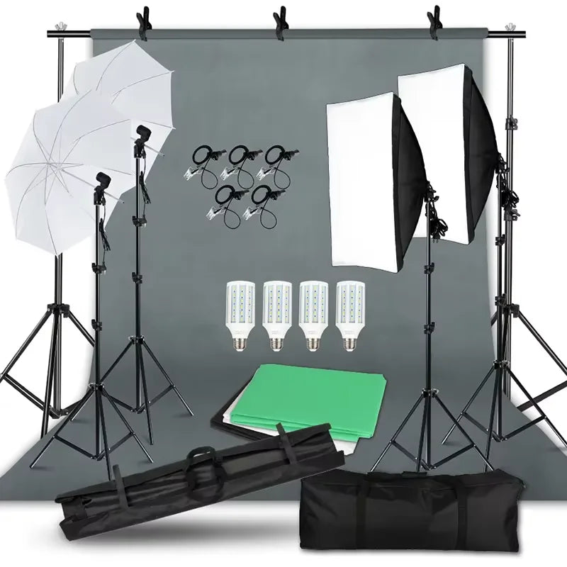 Photography Lighting Kit 2x3M Photo Background Backdrops Soft Umbrella Softbox Light Stand Portable Bag For Photo Studio Shoot