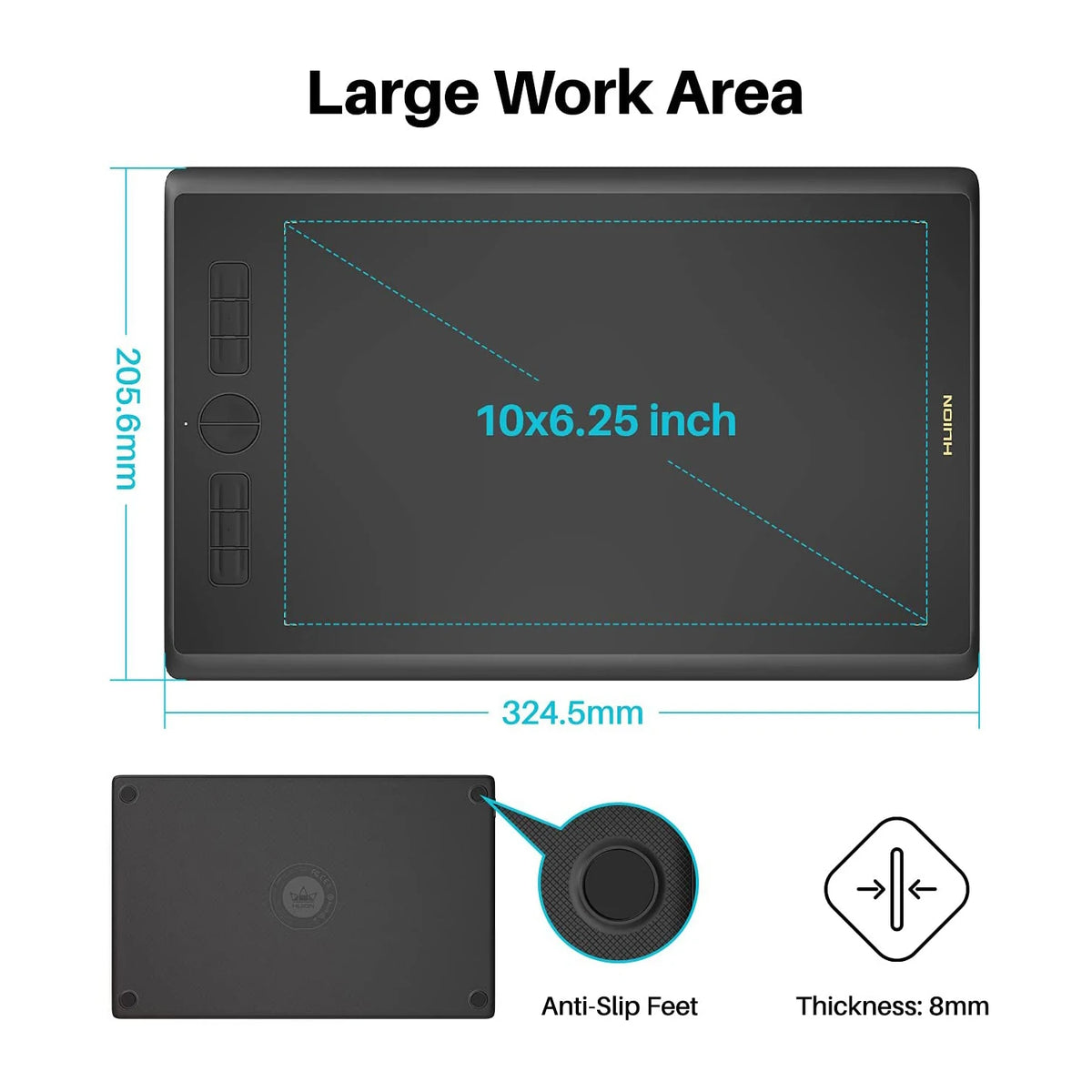 10x6 Inch HUION H610X Graphics Tablet Animation Design Drawing Tablets with 8 Keys Tilt Support Batter-free 8192 Pressure Stylus