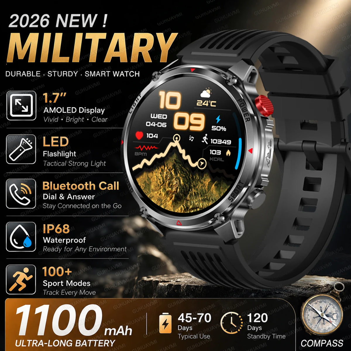 Outdoor Smartwatch Ip68 Waterproof Led Flashlight 100 Sports Modes