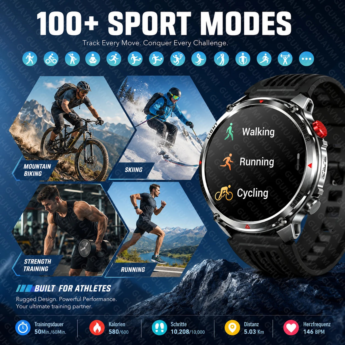 Outdoor Smartwatch Ip68 Waterproof Led Flashlight 100 Sports Modes