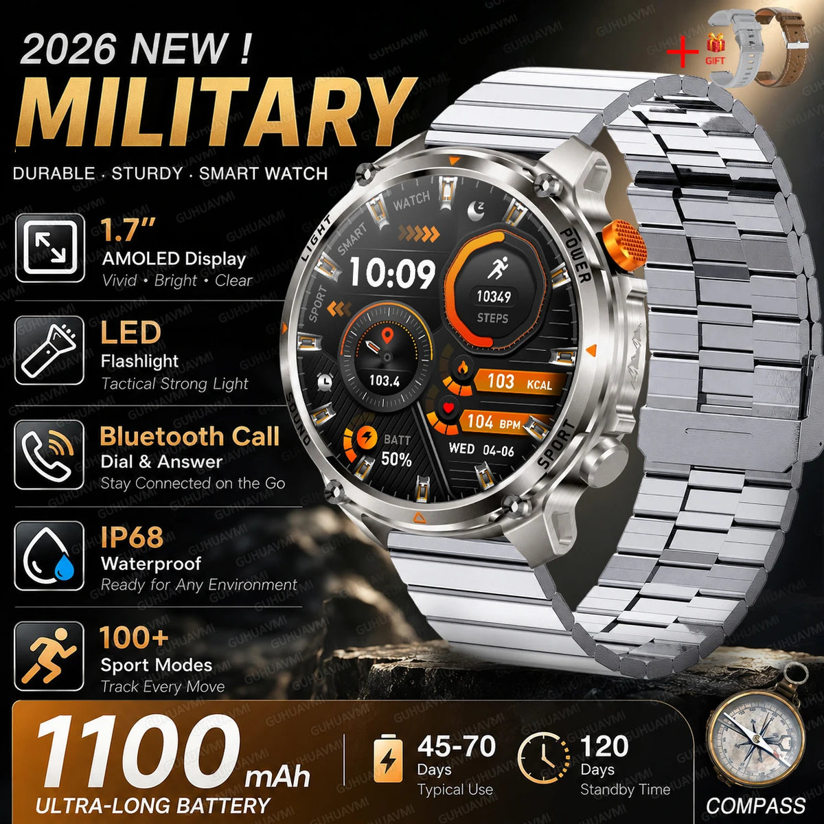 Outdoor Smartwatch Ip68 Waterproof Led Flashlight 100 Sports Modes