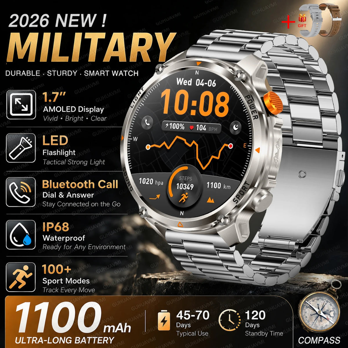 Outdoor Smartwatch Ip68 Waterproof Led Flashlight 100 Sports Modes