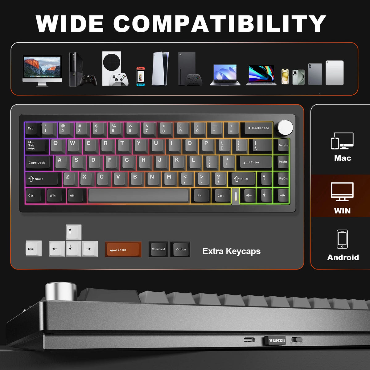 YUNZII AL68 Silver Wireless Custom Mechanical Keyboard, QMK/VIA Aluminum Keyboard, Hot Swap Gasket Gaming Keyboard with Knob