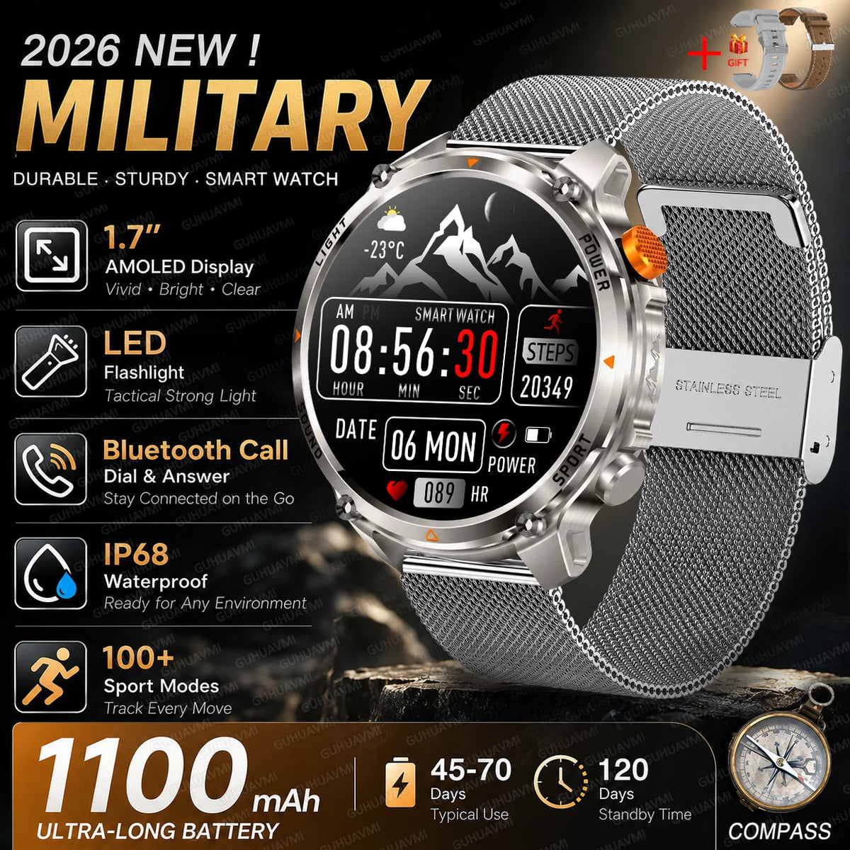 Outdoor Smartwatch Ip68 Waterproof Led Flashlight 100 Sports Modes