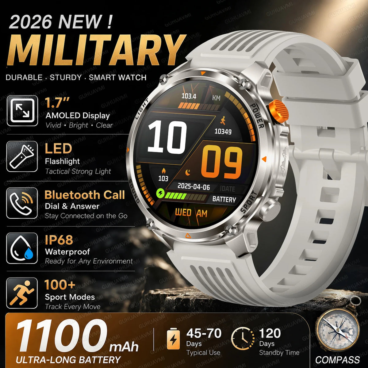 Outdoor Smartwatch Ip68 Waterproof Led Flashlight 100 Sports Modes