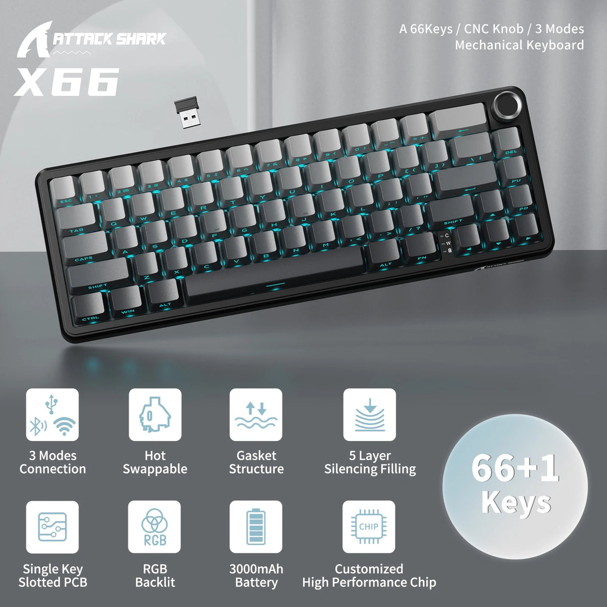 Attack Shark X66 Wireless Tri Mode RGB Gaming Mechanical Keyboard