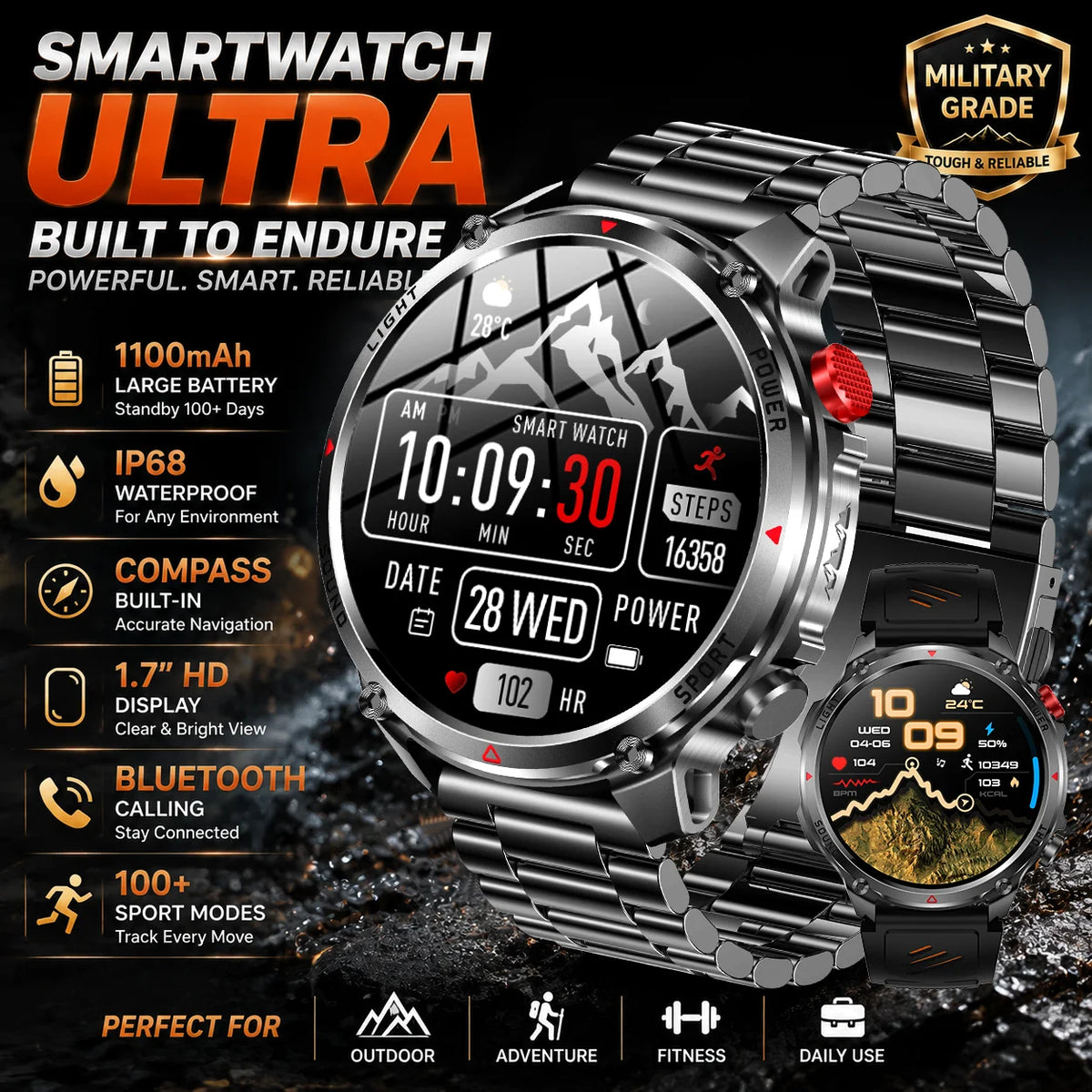 Outdoor Smartwatch Ip68 Waterproof Led Flashlight 100 Sports Modes