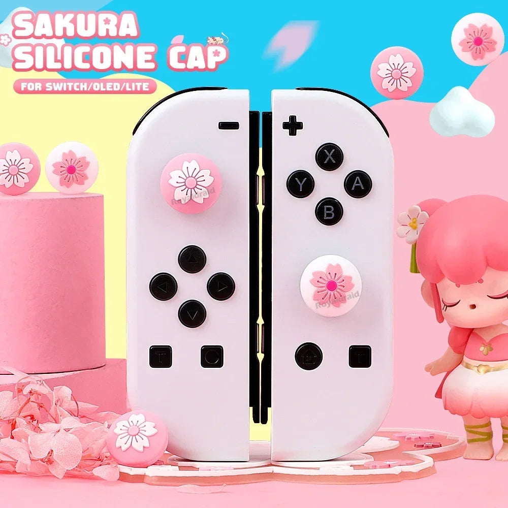 Pink Sakura Silicone Soft Thumb Stick Grip Cap 4PCS/Set Joystick Cover For Switch NS OLED/Lite Joycons Controller Thumbstick Cap