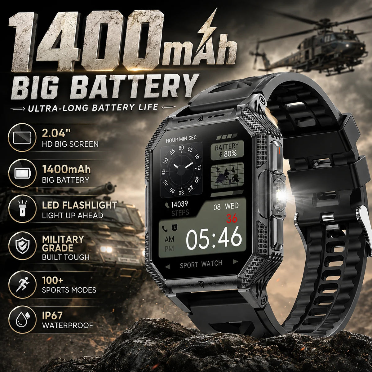 LIGE Mens Military Smart Watch With Compass And Flashlight