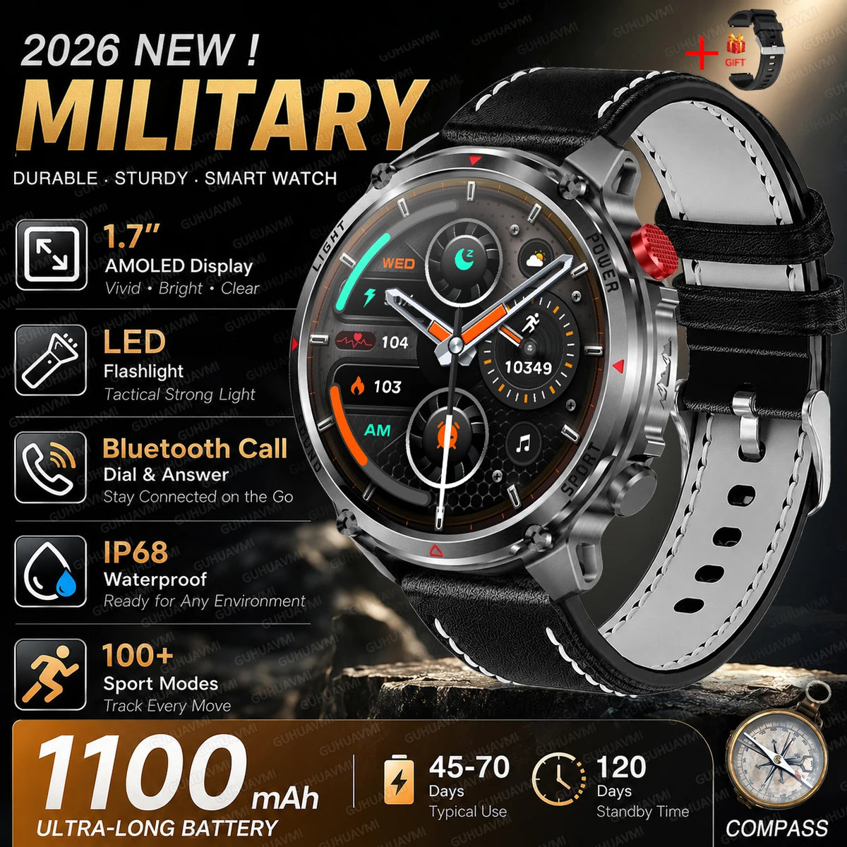 Outdoor Smartwatch Ip68 Waterproof Led Flashlight 100 Sports Modes