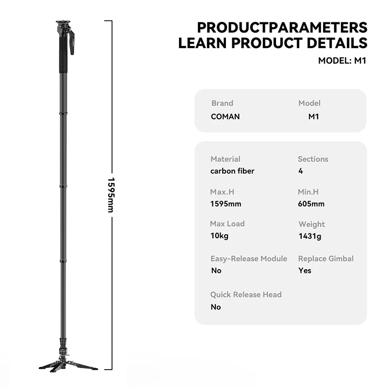 Coman Carbon Fiber Camera Monopod With Quick Release Plate