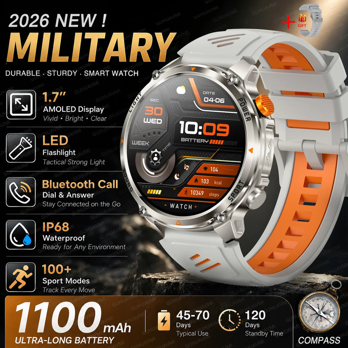 Outdoor Smartwatch Ip68 Waterproof Led Flashlight 100 Sports Modes