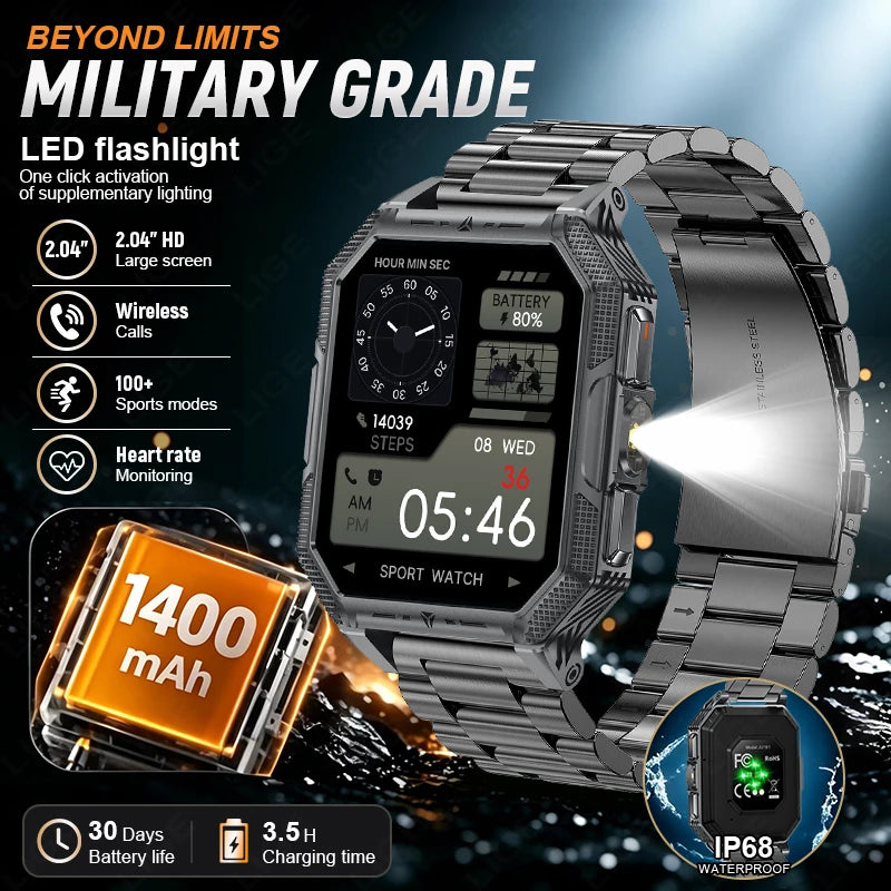 LIGE Mens Military Smart Watch With Compass And Flashlight