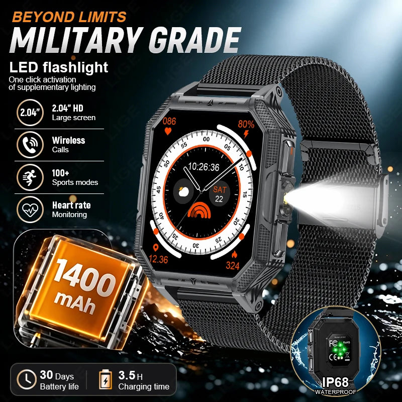 LIGE Mens Military Smart Watch With Compass And Flashlight