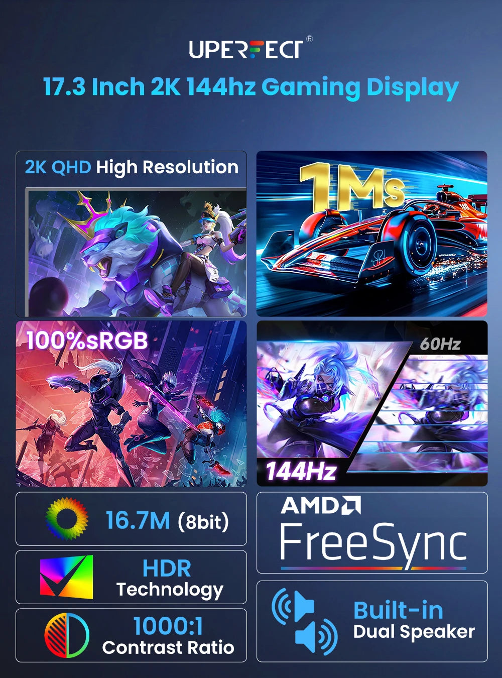 UPERFECT Portable Monitor 17.3" 2K QHD 2560×1440 144Hz Gaming Display 400cd/m² FreeSync HDR Travel Screen for Laptop MacBook PC