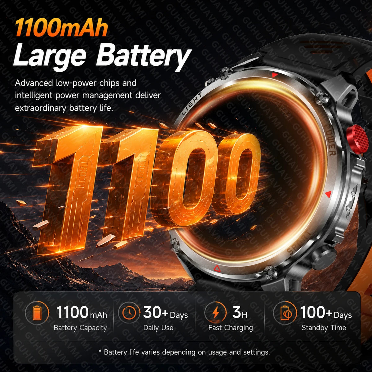 Outdoor Smartwatch Ip68 Waterproof Led Flashlight 100 Sports Modes