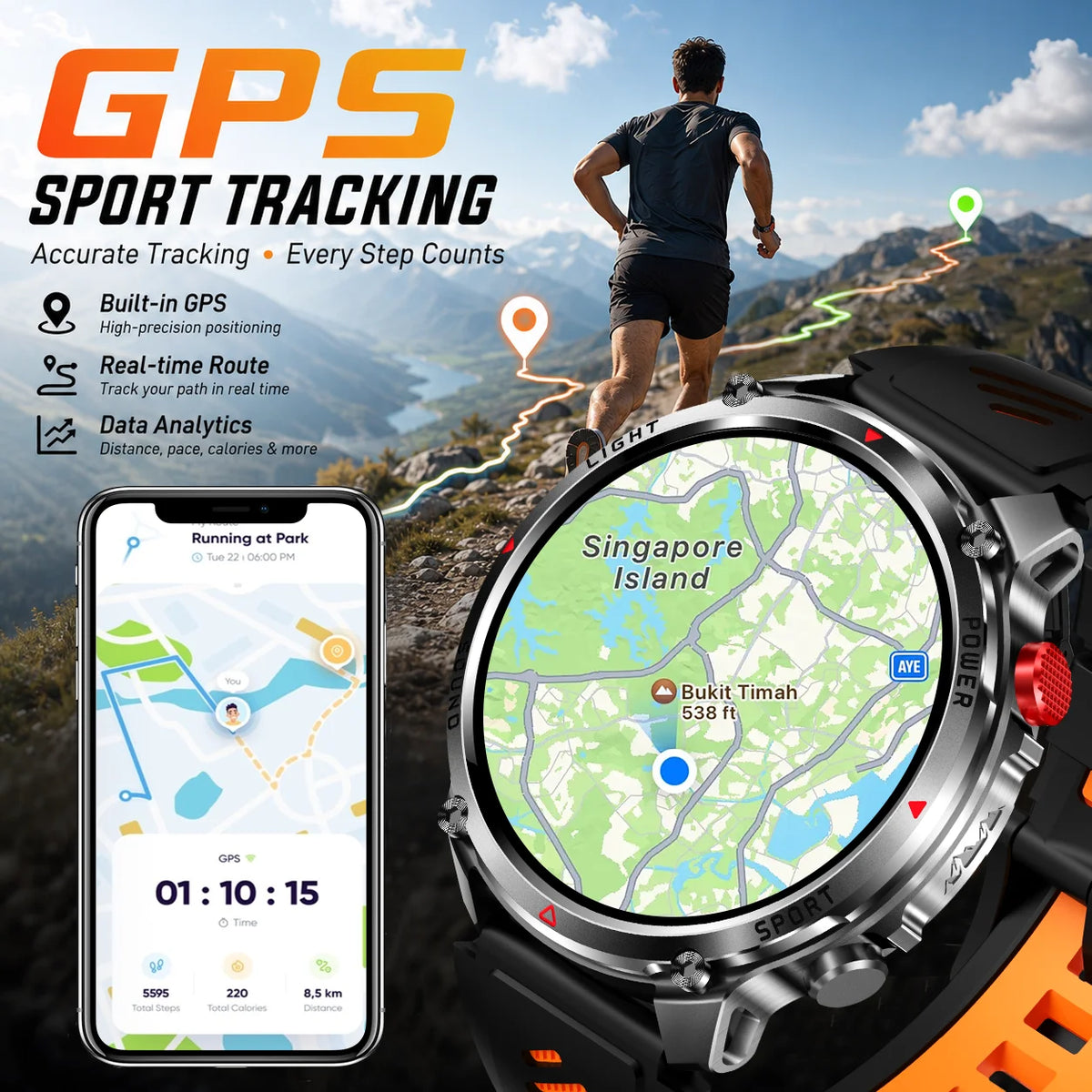 Outdoor Smartwatch Ip68 Waterproof Led Flashlight 100 Sports Modes