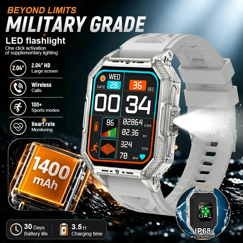 LIGE Mens Military Smart Watch With Compass And Flashlight