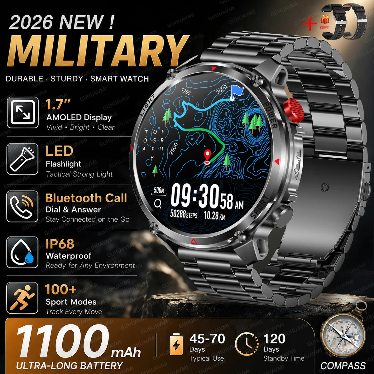 Outdoor Smartwatch Ip68 Waterproof Led Flashlight 100 Sports Modes