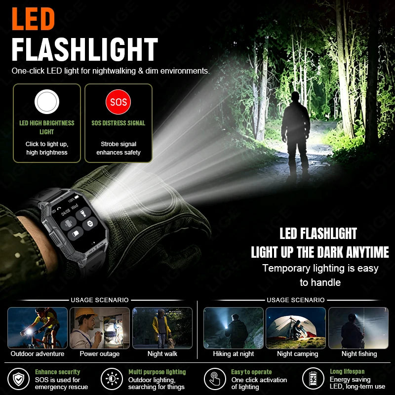 LIGE Mens Military Smart Watch With Compass And Flashlight