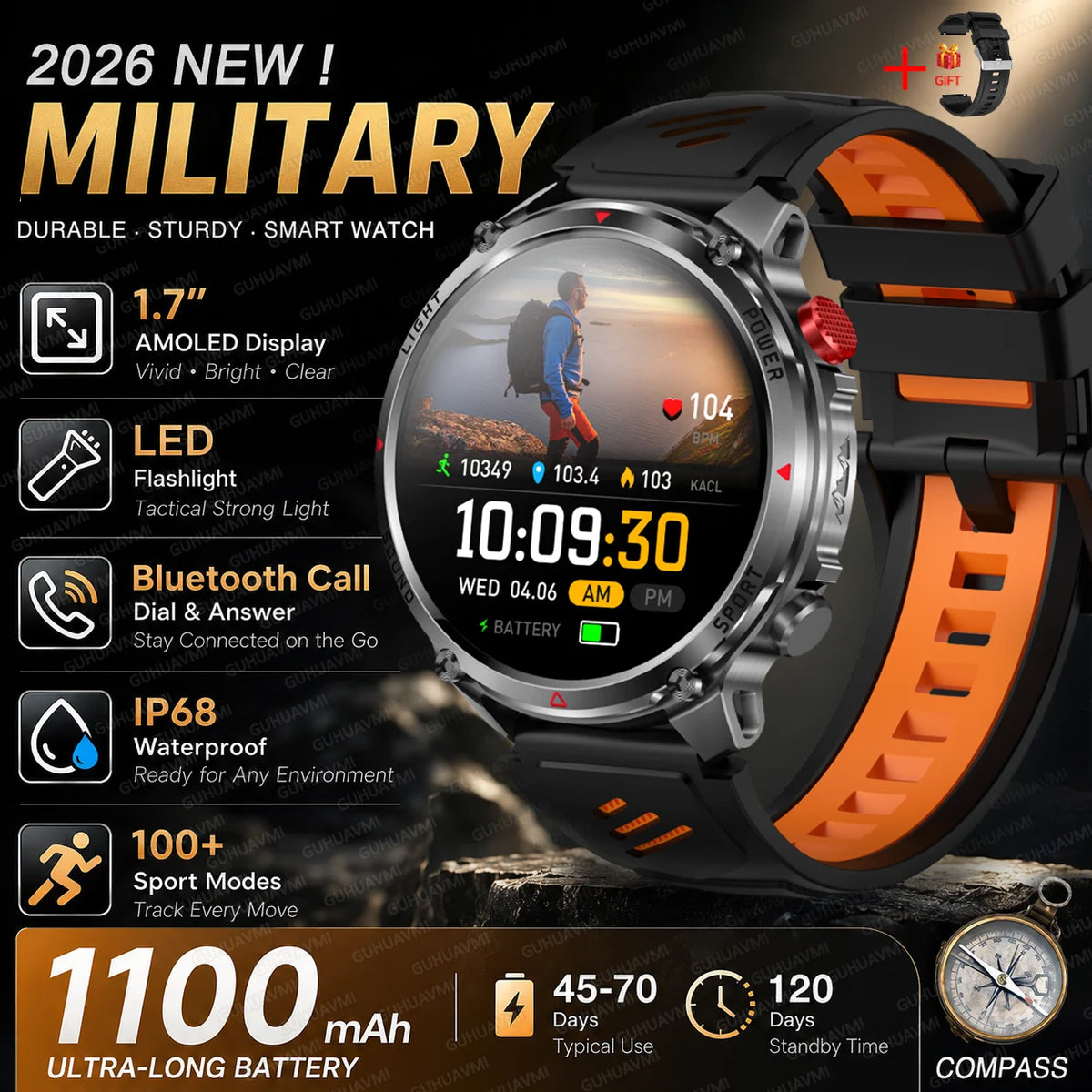 Outdoor Smartwatch Ip68 Waterproof Led Flashlight 100 Sports Modes