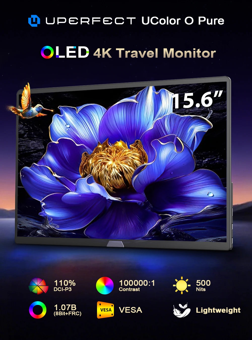 UPERFECT 4K OLED Portable Monitor 15.6' UHD 60Hz For 100% DCI-P3 1MS 500Nits W/ Speaker&Stand USB-C HDMI For Laptop PC Mac PS4/5
