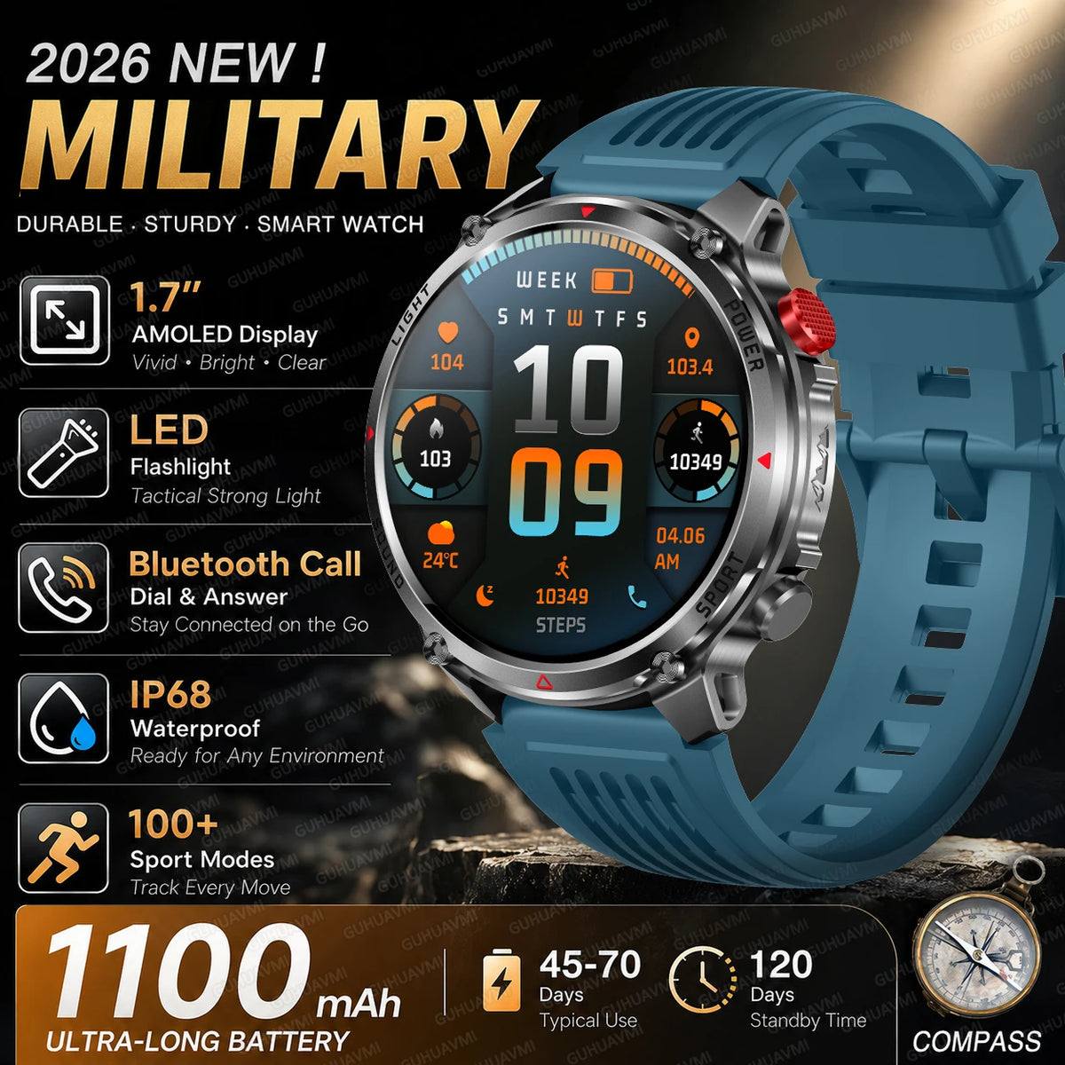 Outdoor Smartwatch Ip68 Waterproof Led Flashlight 100 Sports Modes