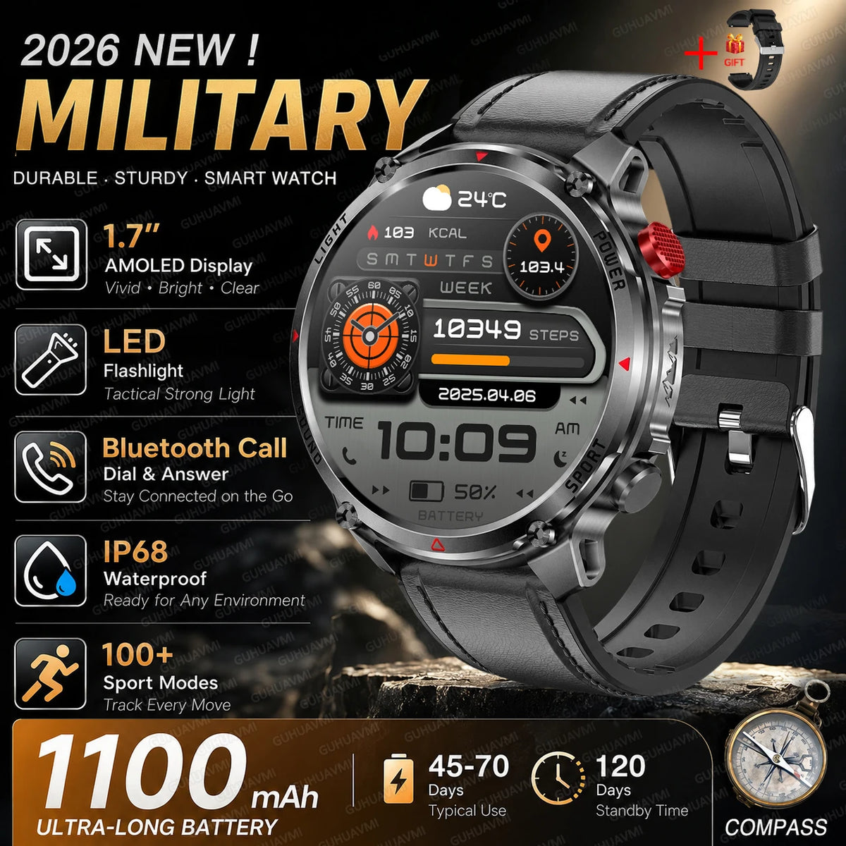 Outdoor Smartwatch Ip68 Waterproof Led Flashlight 100 Sports Modes