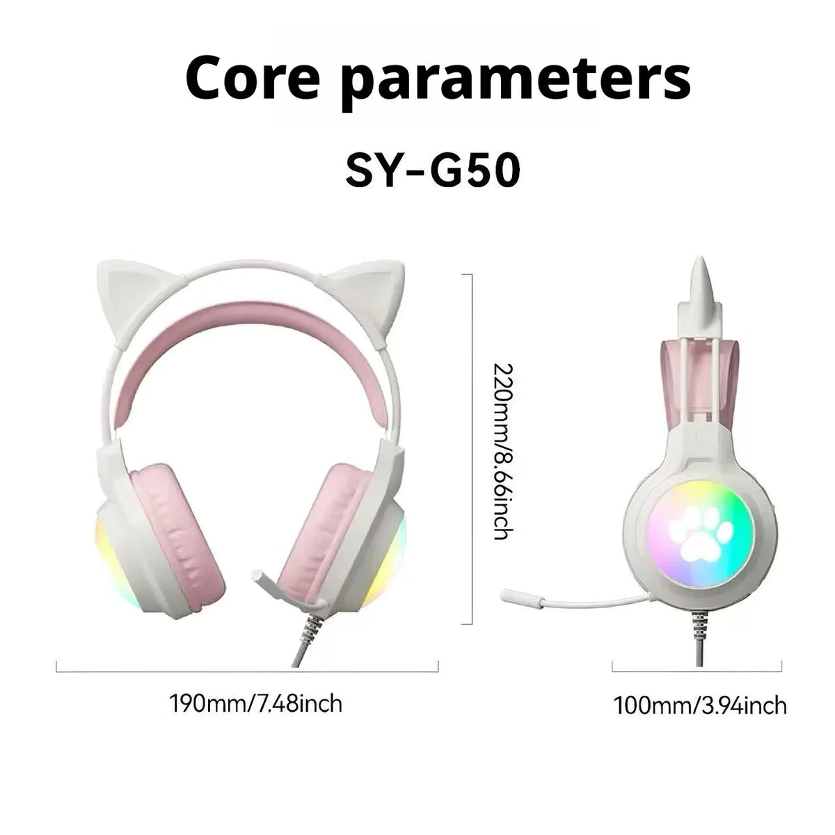 SOYTO Wired Gaming Headphones Detachable Cat Ears RGB Color Lighting with Clear Mic Soft Cushion ForComputer Game Live Streaming