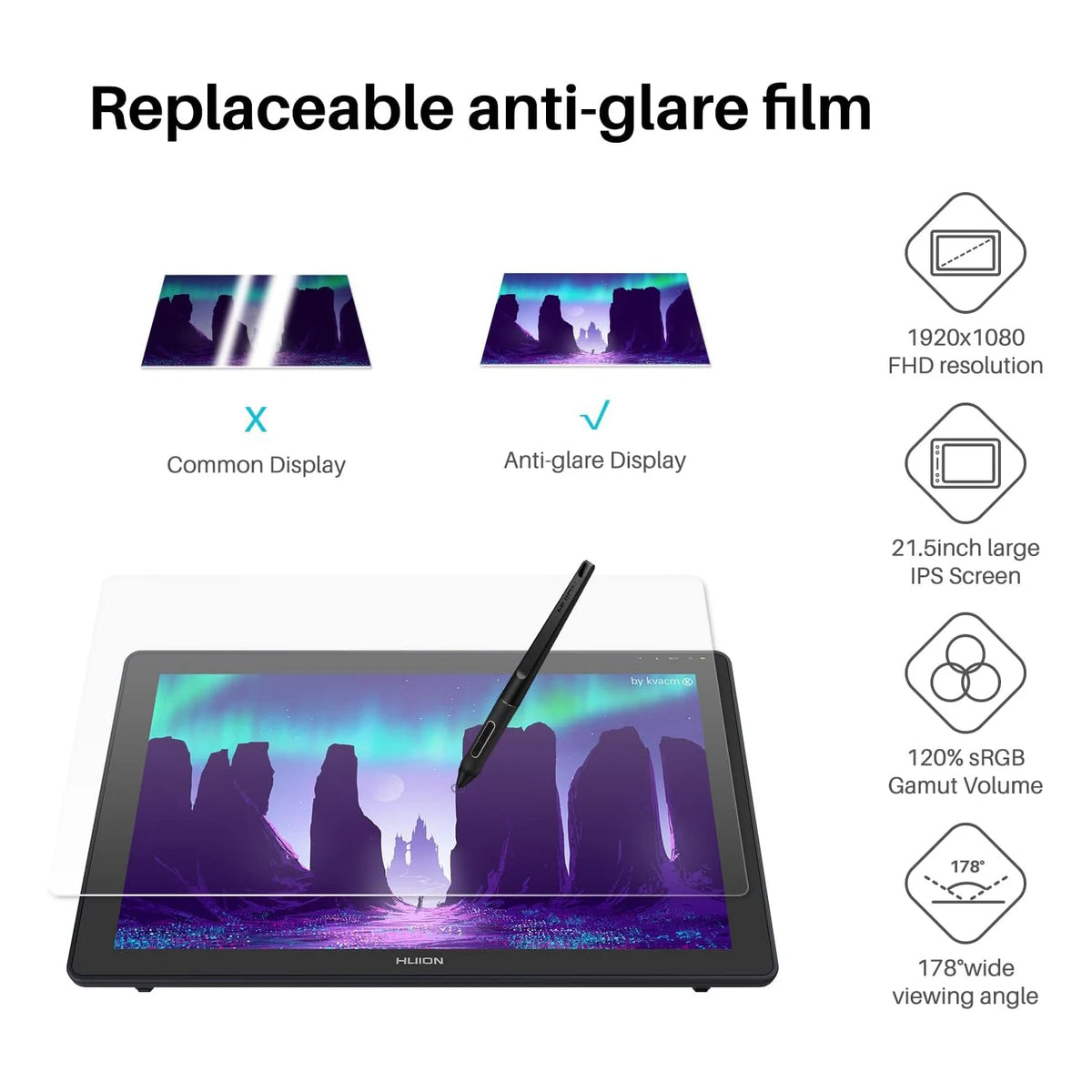 Huion Kamvas 22 Graphic Tablet Monitor 21.5 inch Screen Pen Display Compatible with Windows/mac//Linux/Android USB3.1 GEN1 DP1.2