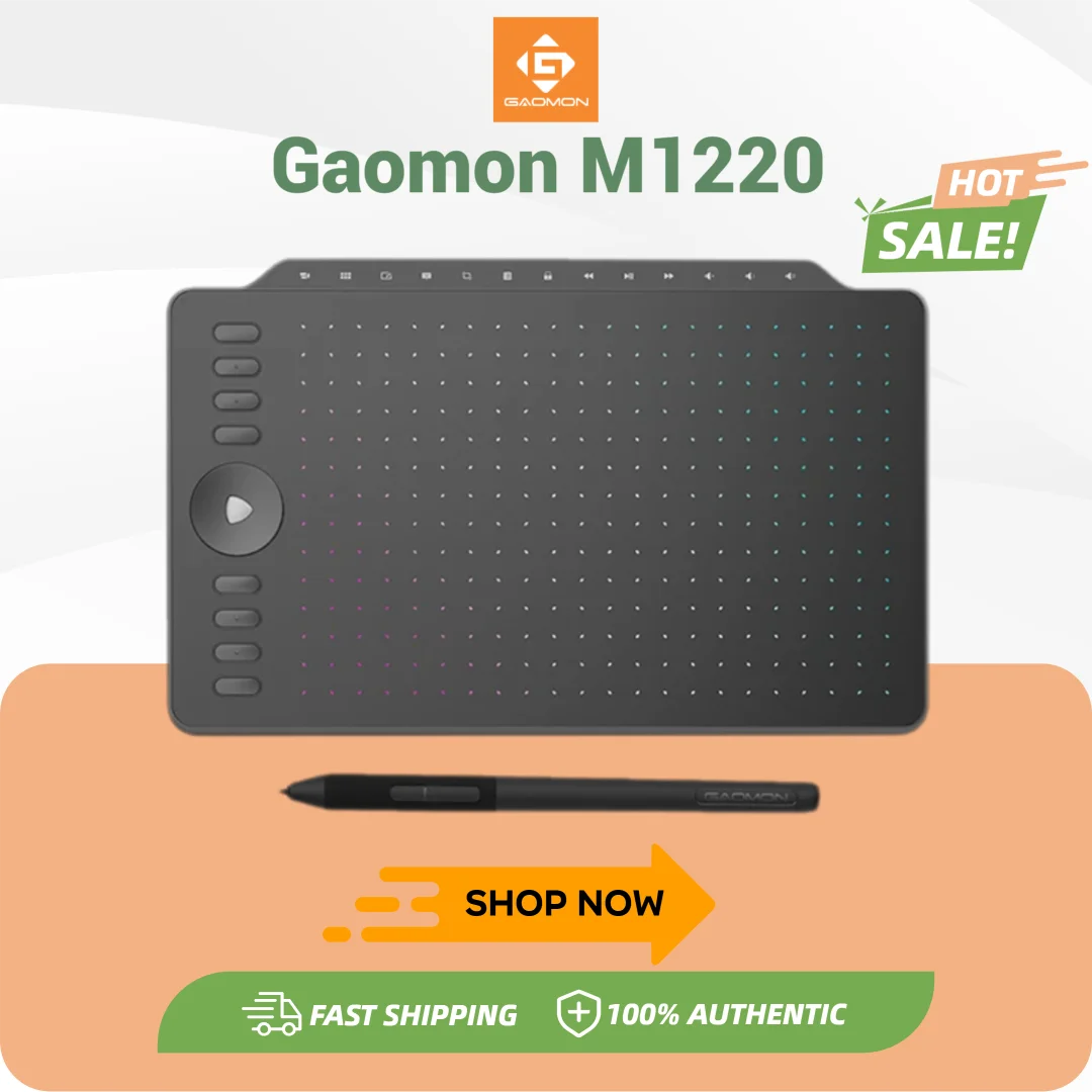GAOMON Graphics Tablet M1220 12 Inch Large Pen Tablets Multimedia Keys for Drawing wIth PC Laptop MacOS Windows Android Phone,