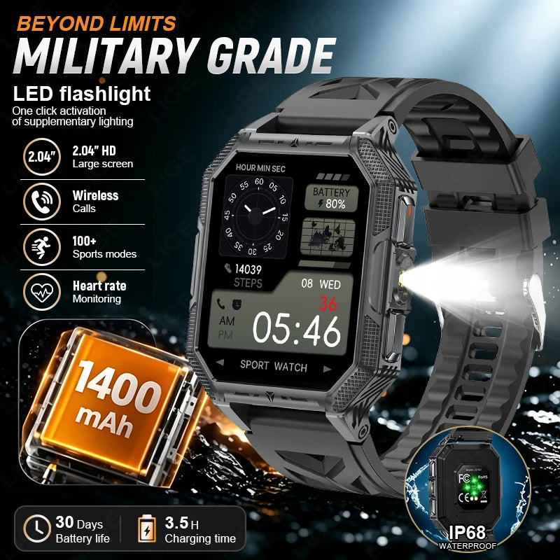 LIGE Mens Military Smart Watch With Compass And Flashlight