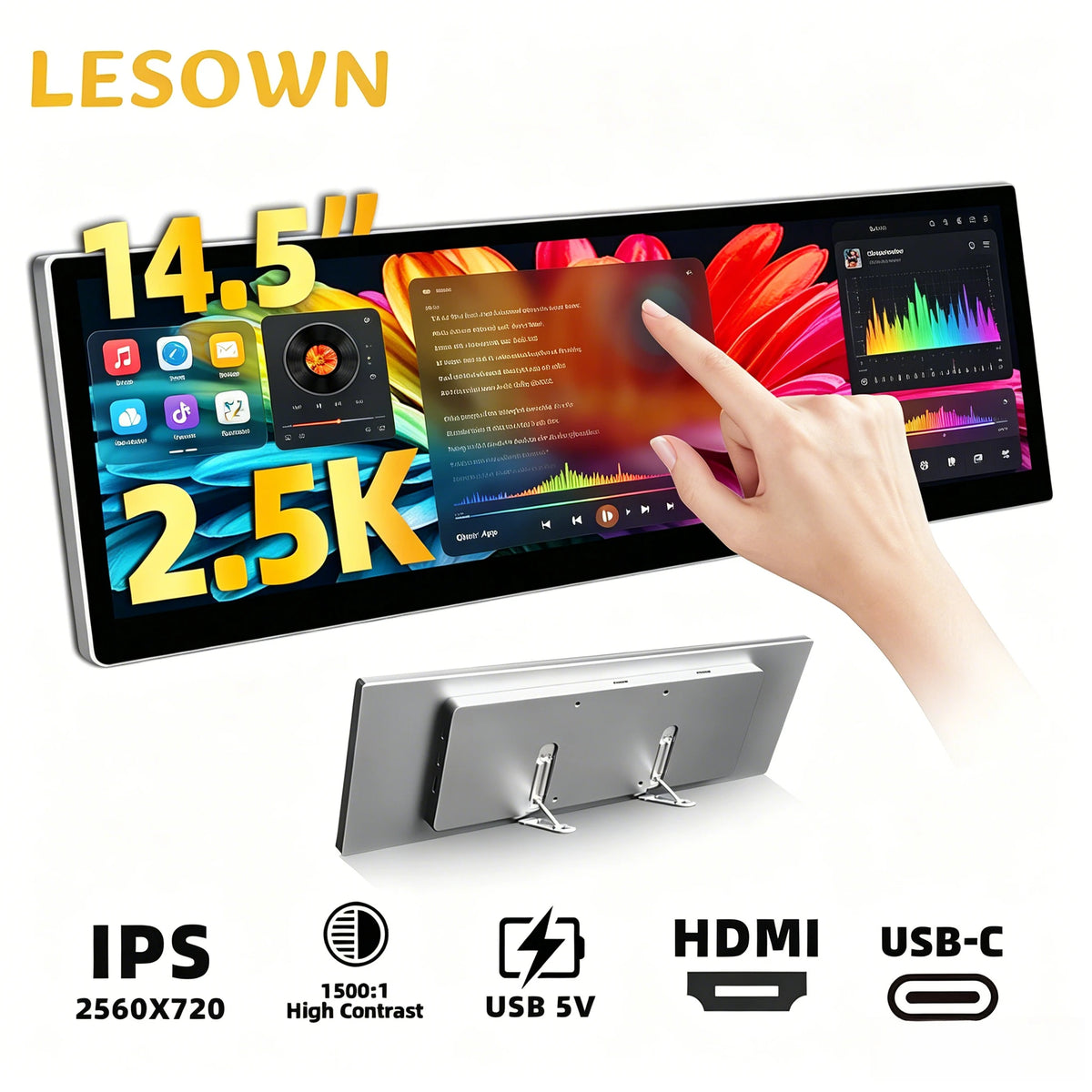 LESOWN 2.5K Touchscreen Laptop Screen Extender With Built In Speakers