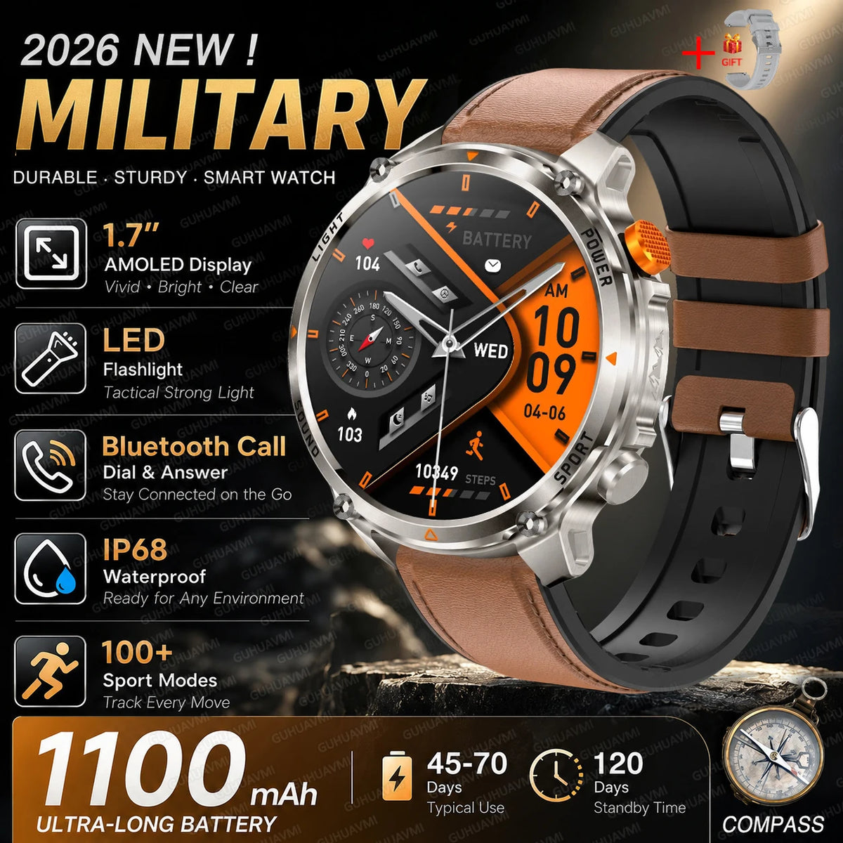 Outdoor Smartwatch Ip68 Waterproof Led Flashlight 100 Sports Modes