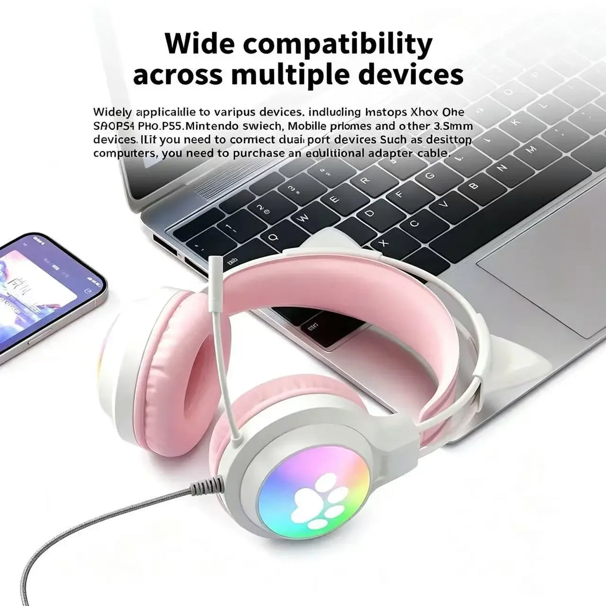 SOYTO Wired Gaming Headphones Detachable Cat Ears RGB Color Lighting with Clear Mic Soft Cushion ForComputer Game Live Streaming