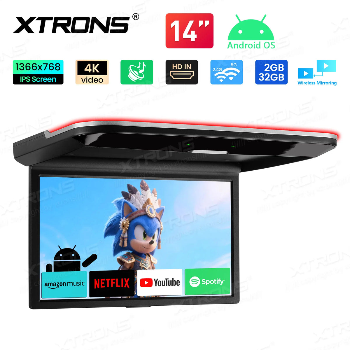 Xtrons Android 12 Vehicle Flip Down Screen WiFi Multimedia Player