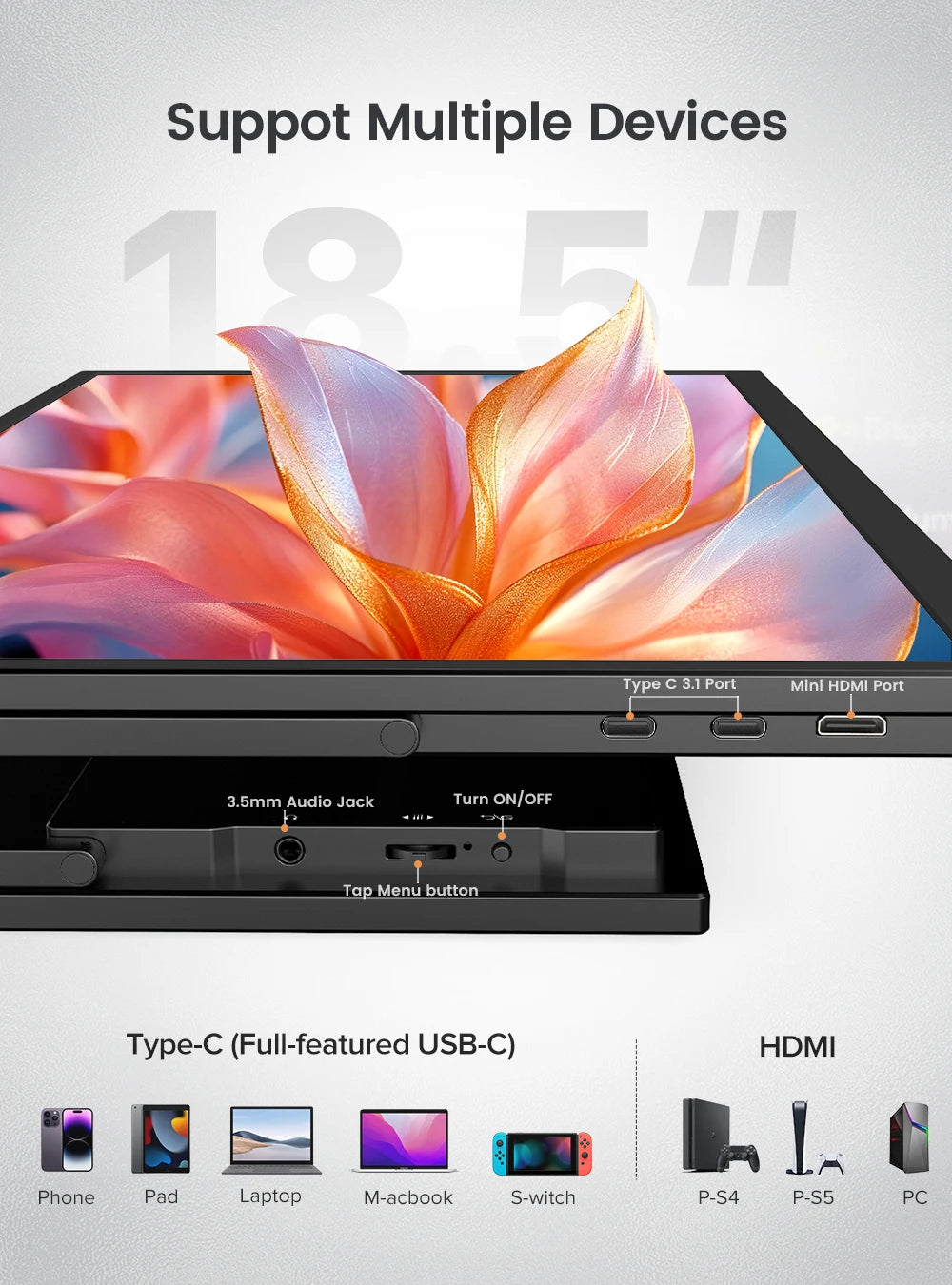 UPERFECT 120Hz Portable Monitor 18.5" IPS Screen With HDMI USB 3.1 HDR Stand For PC Steam Deck PS5 XBOX Switch Extend Display