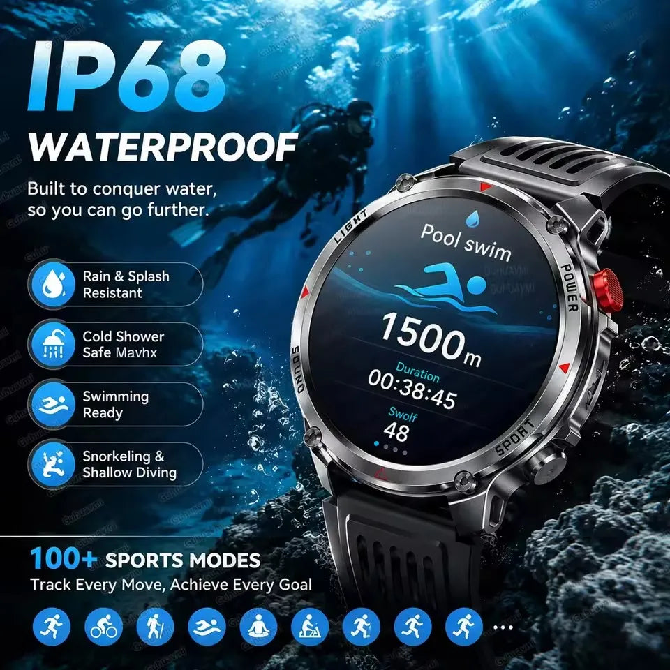 Outdoor Smartwatch Ip68 Waterproof Led Flashlight 100 Sports Modes