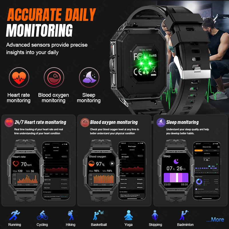 LIGE Mens Military Smart Watch With Compass And Flashlight