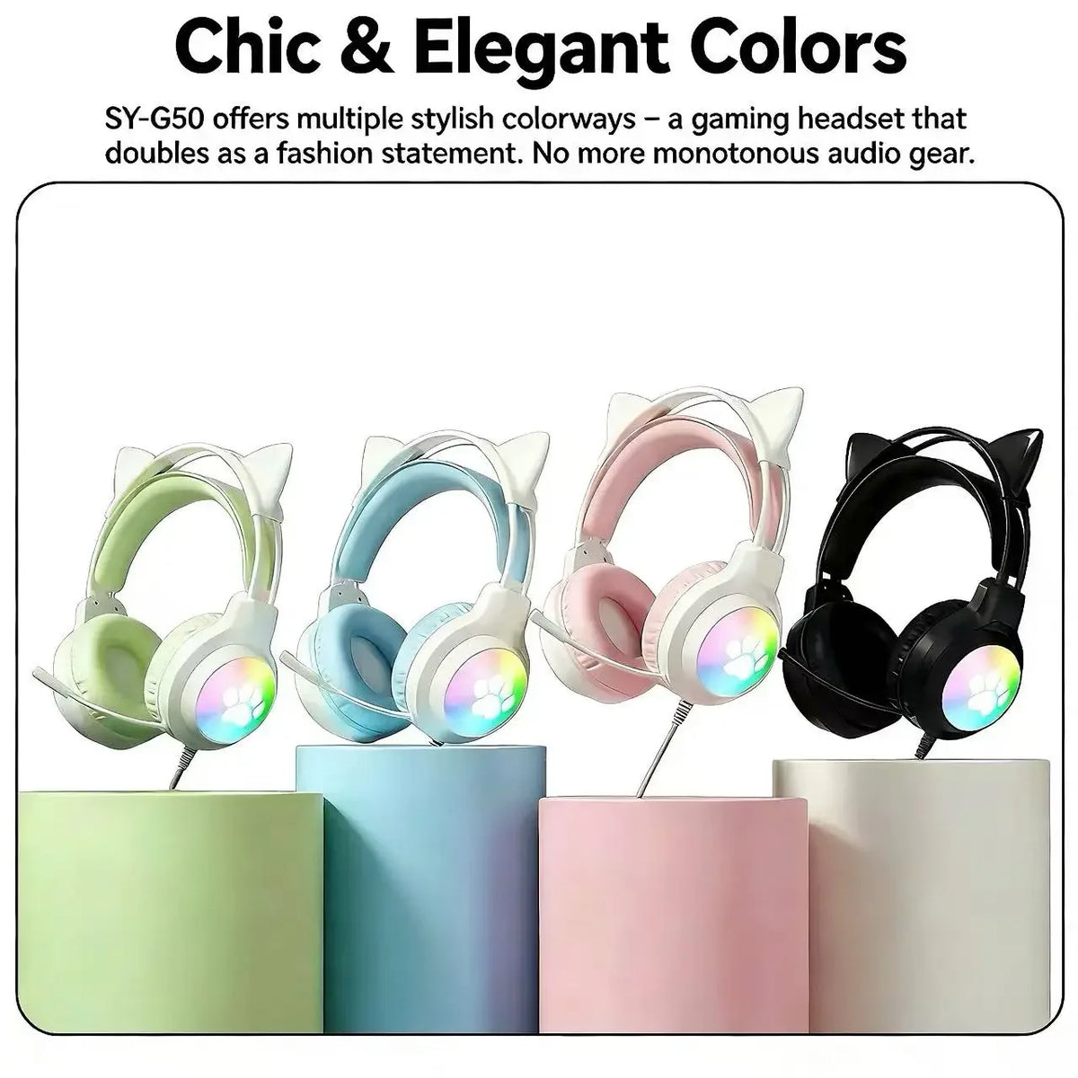 SOYTO Wired Gaming Headphones Detachable Cat Ears RGB Color Lighting with Clear Mic Soft Cushion ForComputer Game Live Streaming