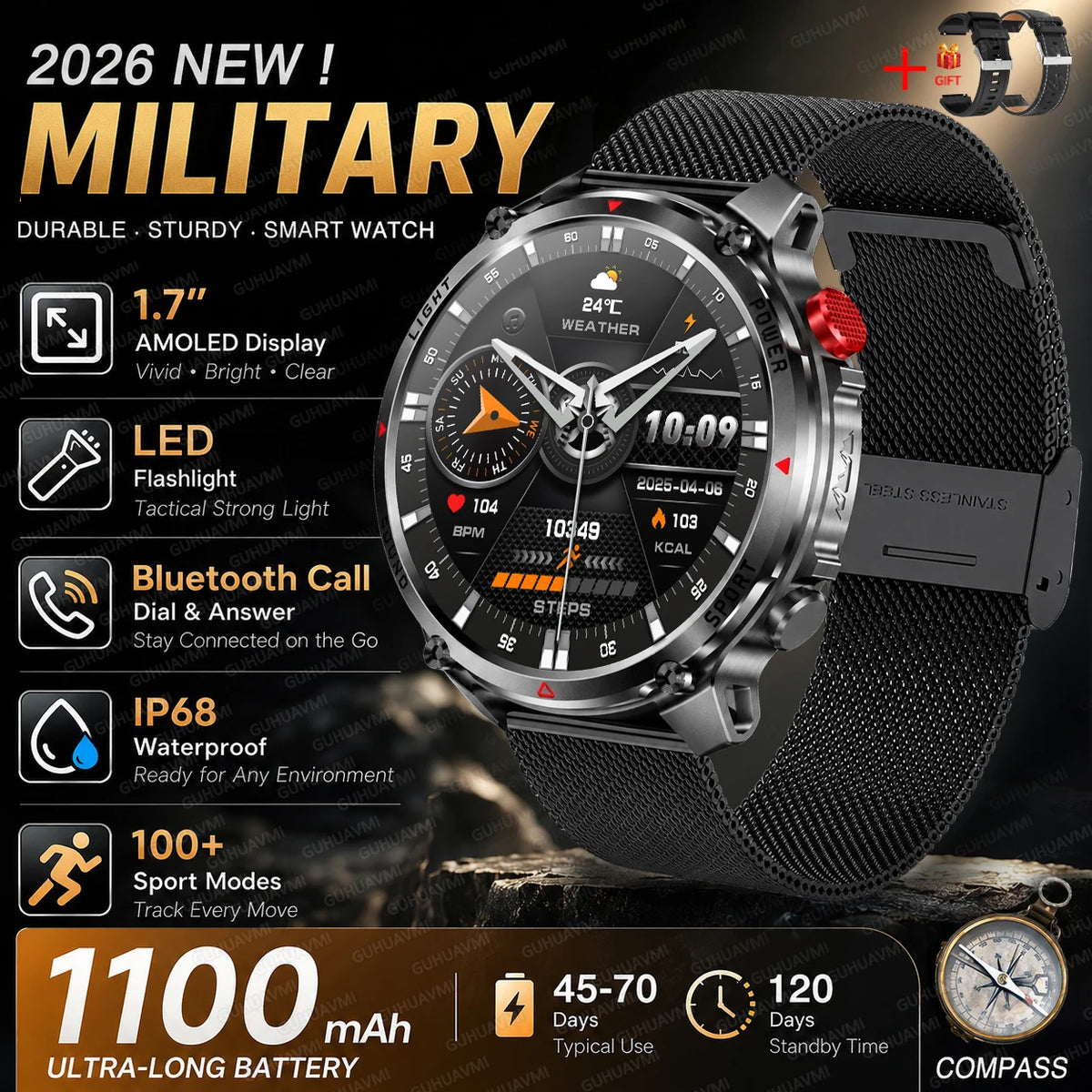 Outdoor Smartwatch Ip68 Waterproof Led Flashlight 100 Sports Modes
