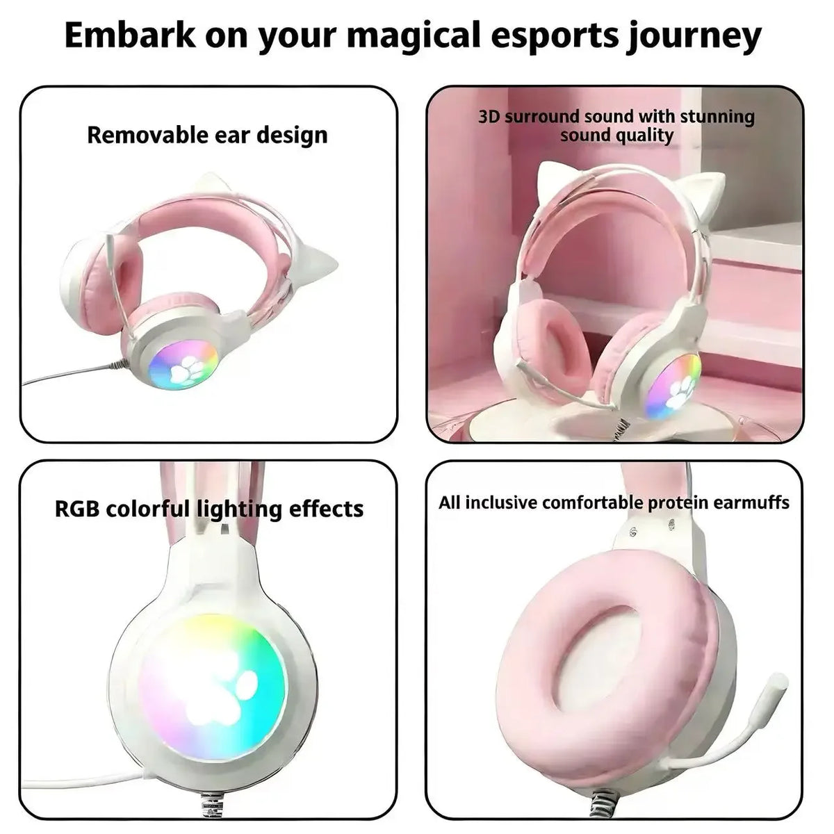 SOYTO Wired Gaming Headphones Detachable Cat Ears RGB Color Lighting with Clear Mic Soft Cushion ForComputer Game Live Streaming