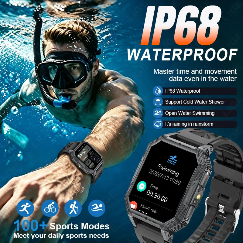 LIGE Mens Military Smart Watch With Compass And Flashlight
