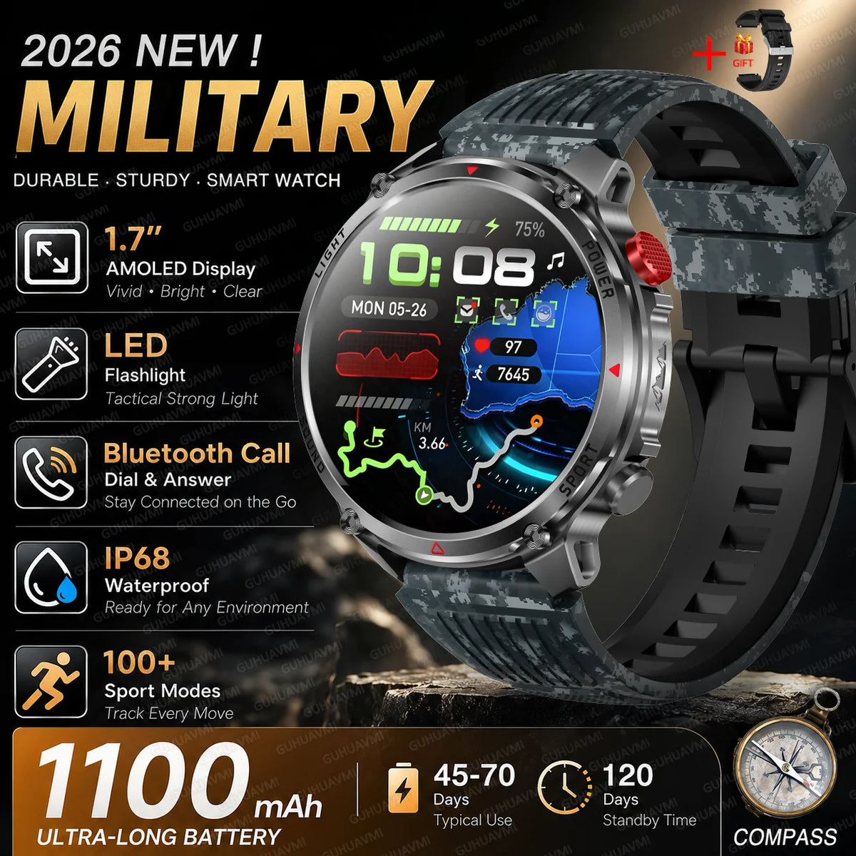 Outdoor Smartwatch Ip68 Waterproof Led Flashlight 100 Sports Modes