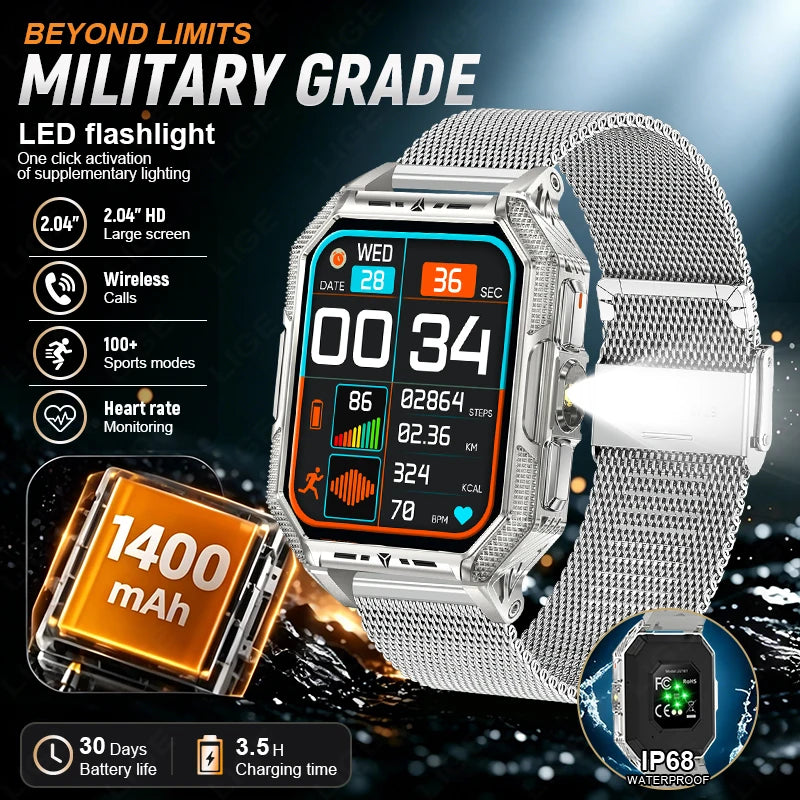 LIGE Mens Military Smart Watch With Compass And Flashlight