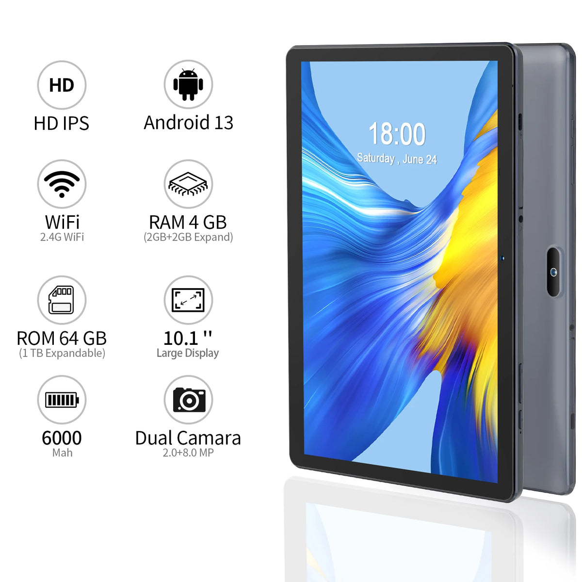PRITOM 10 inch Tablet Android 13, 64GB, 512GB Expand, Quad-Core, 1280 * 800 HD IPS Screen, Dual Camera, Wi-Fi, Bluetooth, Black