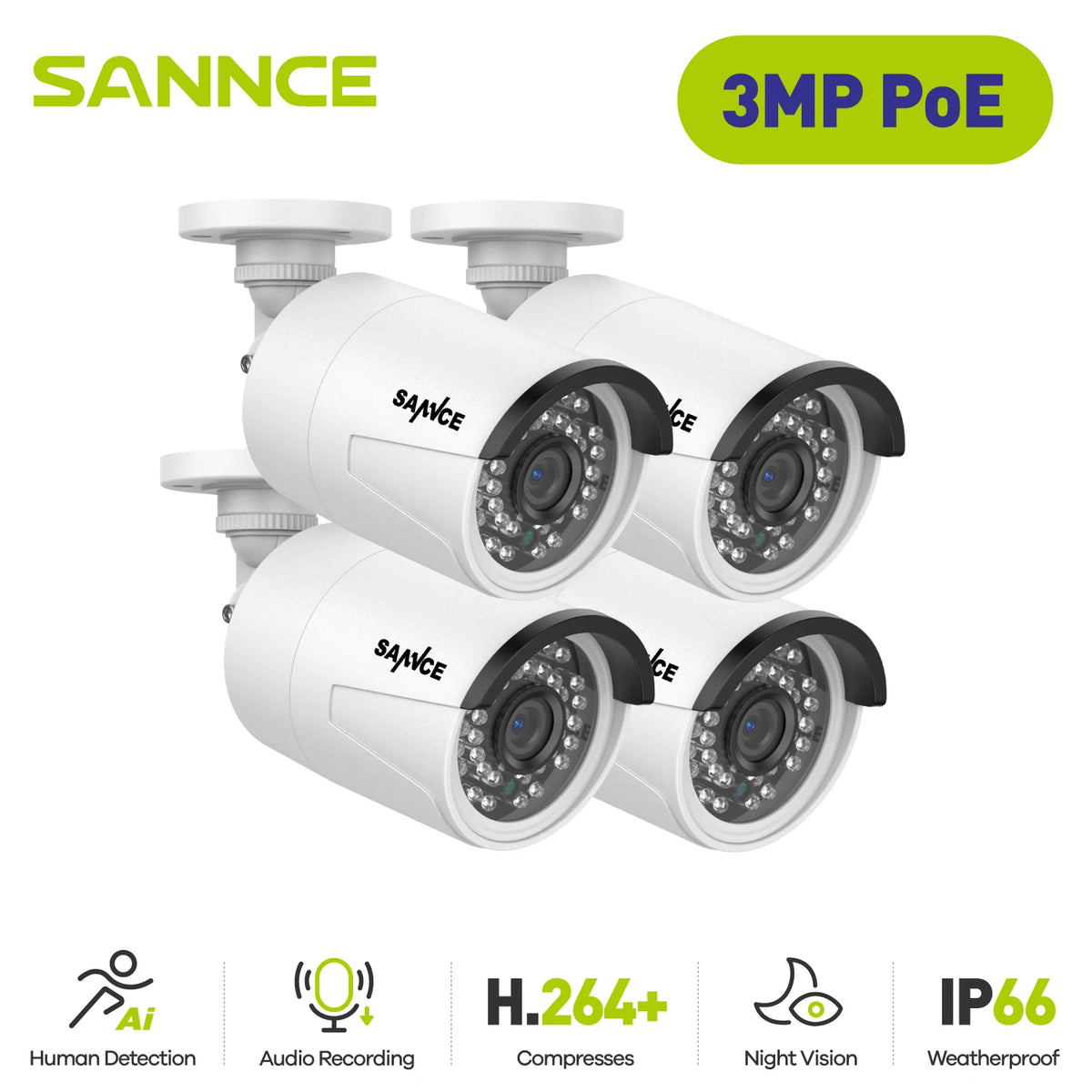 SANNCE 3MP POE IP Camera Outdoor Weatherproof Security Bullet Kit